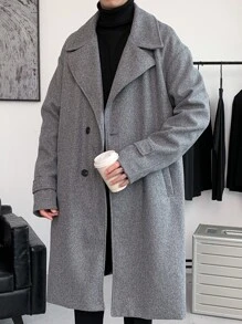 Manfinity Hypemode Men Lapel Collar Drop Shoulder Belted Overcoat - Grey - View 3