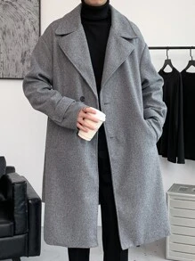 Manfinity Hypemode Men Lapel Collar Drop Shoulder Belted Overcoat - Grey - View 7