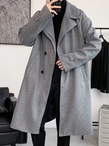 Manfinity Hypemode Men Lapel Collar Drop Shoulder Belted Overcoat - Grey - View 8