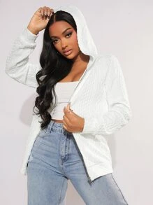 SHEIN SXY Cable Knit Zip Up Hoodie - White - View 3