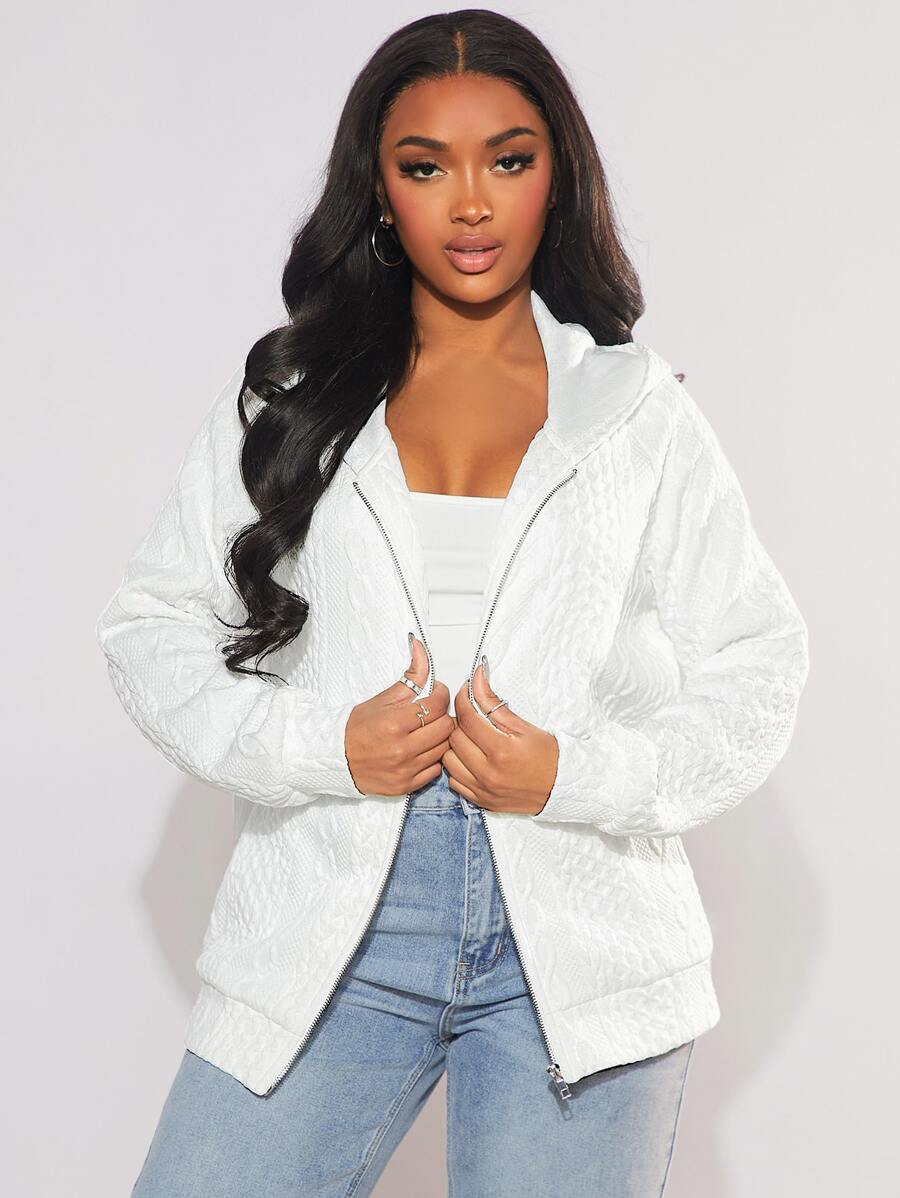 SHEIN SXY Cable Knit Zip Up Hoodie - White - View 1
