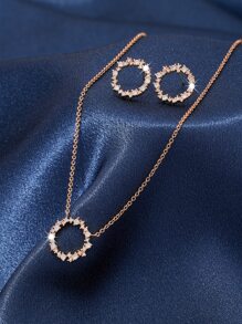 3pcs Cubic Zirconia Circle Decor Jewelry Set - Rose Gold - View 3