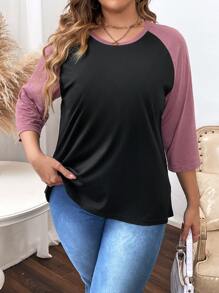 SHEIN LUNE Áo thun tay lỡ Raglan phối màu Plus Áo thun họa tiết dành cho nữ - màu đen - Xem 4