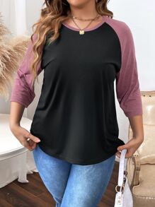 SHEIN LUNE Áo thun tay lỡ Raglan phối màu Plus Áo thun họa tiết dành cho nữ - màu đen - Xem 6
