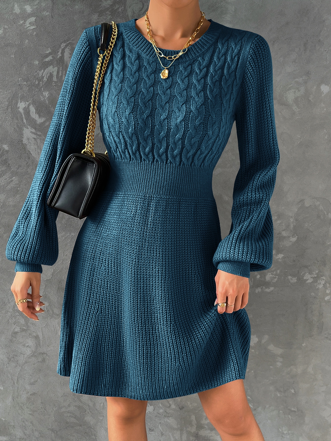 SHEIN Privé Cable Knit Lantern Sleeve Jumper Dress SHEIN UK