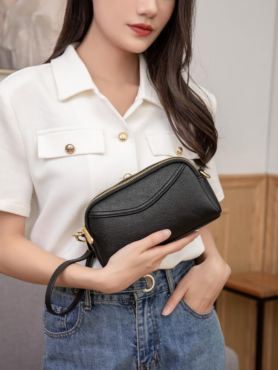 Litchi Embossed Zipper Coin Purse - Black - View 1