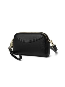 Litchi Embossed Zipper Coin Purse - Black - View 4