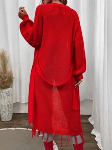 SHEIN Essnce Drop Shoulder Fringe Hem Duster Cardigan - Red - View 2