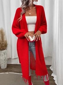 SHEIN Essnce Drop Shoulder Fringe Hem Duster Cardigan - Red - View 3