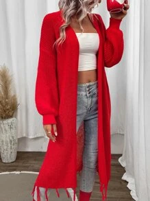 SHEIN Essnce Drop Shoulder Fringe Hem Duster Cardigan - Red - View 1