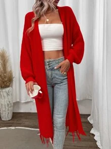SHEIN Essnce Drop Shoulder Fringe Hem Duster Cardigan - Red - View 6