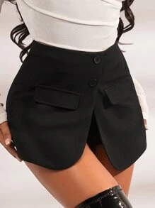 SHEIN SXY 翻蓋細節下擺開叉裙裤 - 黑色 - 查看 4