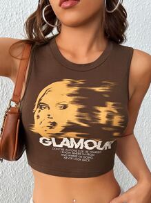 SHEIN EZwear Figure & Slogan Graphic Crop Tank Top - Coffee Brown - View 5