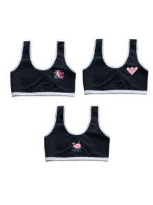 Girls 3pcs Contrast Binding Cartoon Graphic Bralet - Black - View 1