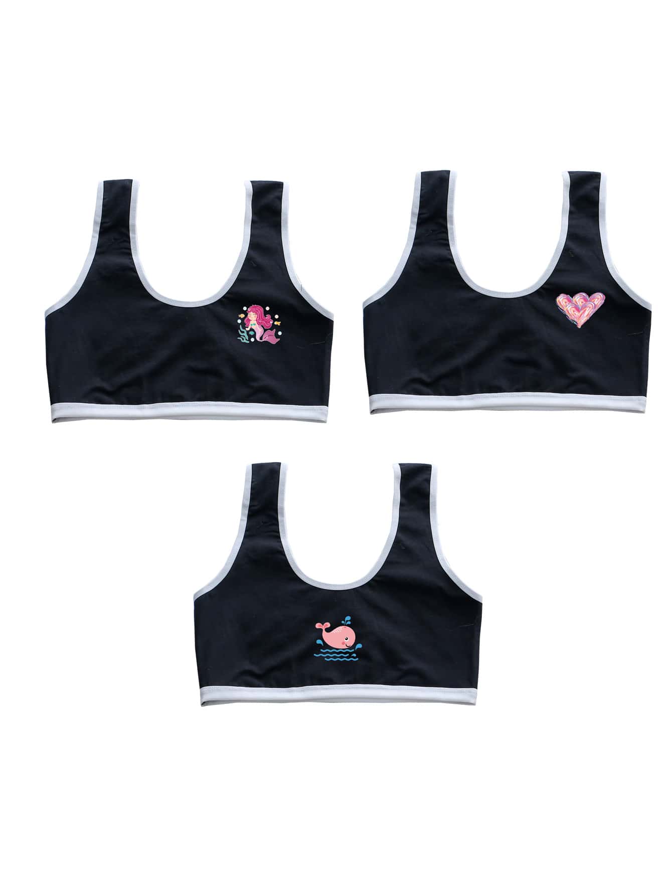 Girls 3pcs Contrast Binding Cartoon Graphic Bralet - Black - View 1