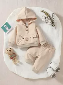 SHEIN 男婴童卡通圖案袋鼠口袋連帽衫和運動褲 - 杏色 - 查看 1