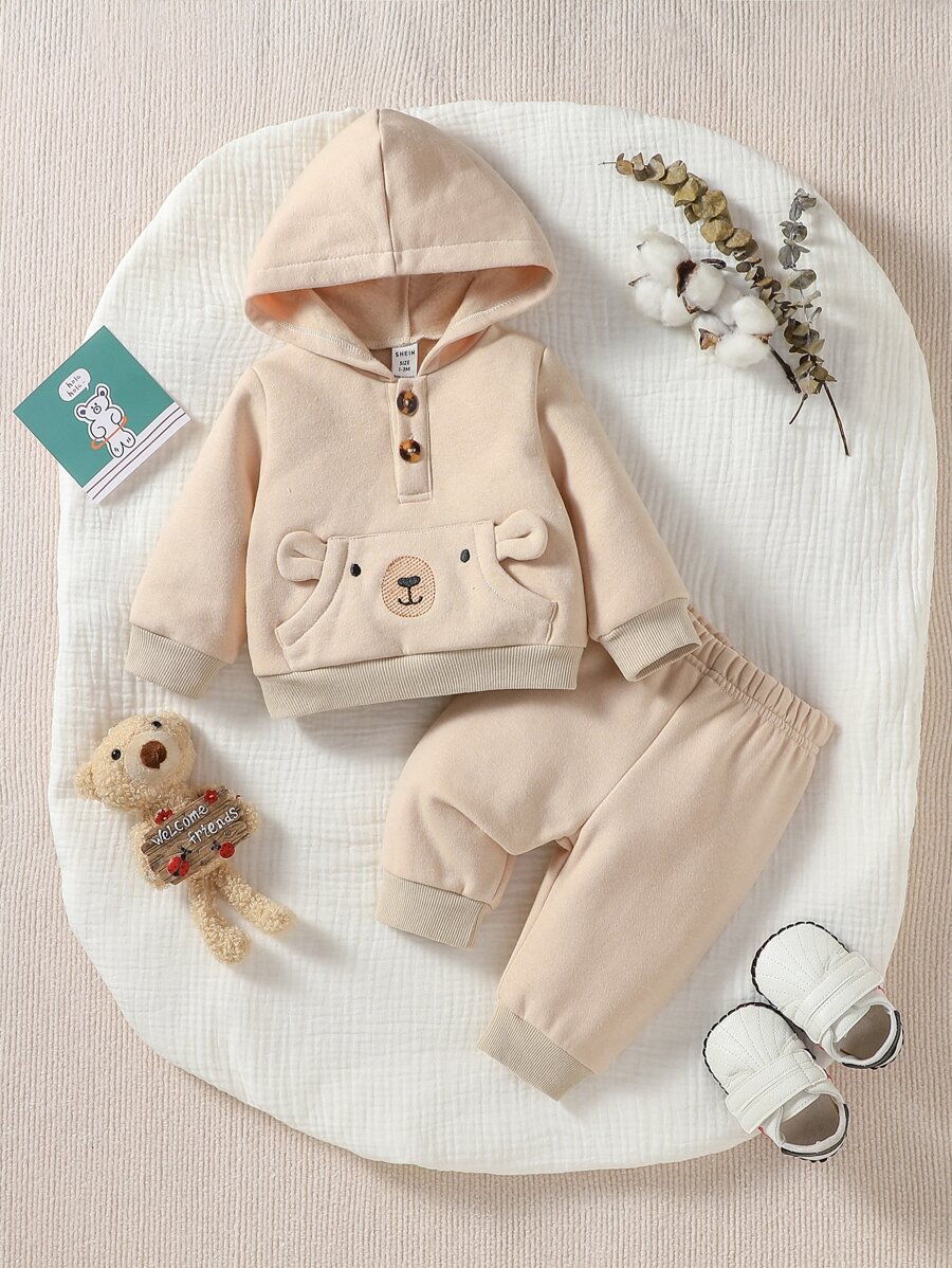 SHEIN 男婴童卡通圖案袋鼠口袋連帽衫和運動褲 - 杏色 - 查看 1