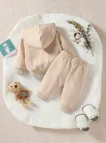 SHEIN 男婴童卡通圖案袋鼠口袋連帽衫和運動褲 - 杏色 - 查看 2