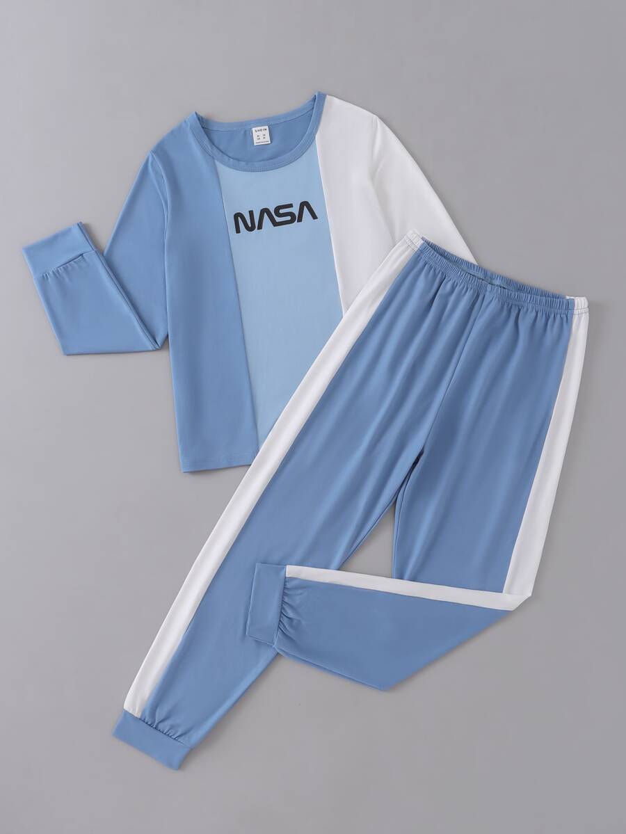 Boys Letter Graphic Colourblock PJ Set - Blue and White - View 1