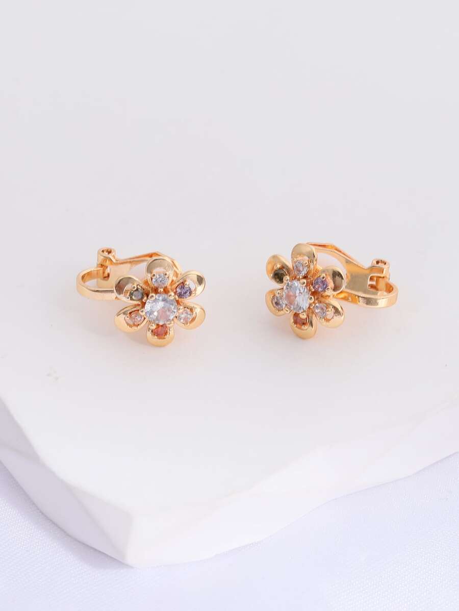 Cubic Zirconia Flower Decor Clip On Earrings - Multicolor - View 1