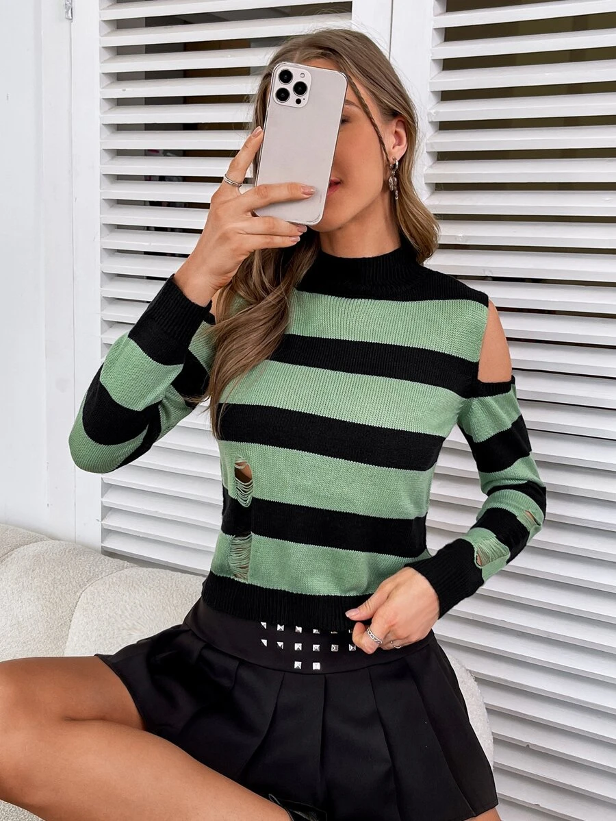 SHEIN Áo len nữ Bị tách Sọc Giải trí - Nhiều màu - Xem 1