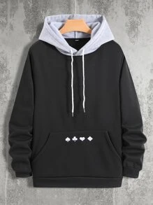 Manfinity Men Playing Card Print Kangaroo Pocket Drawstring Hoodie - Black - View 1