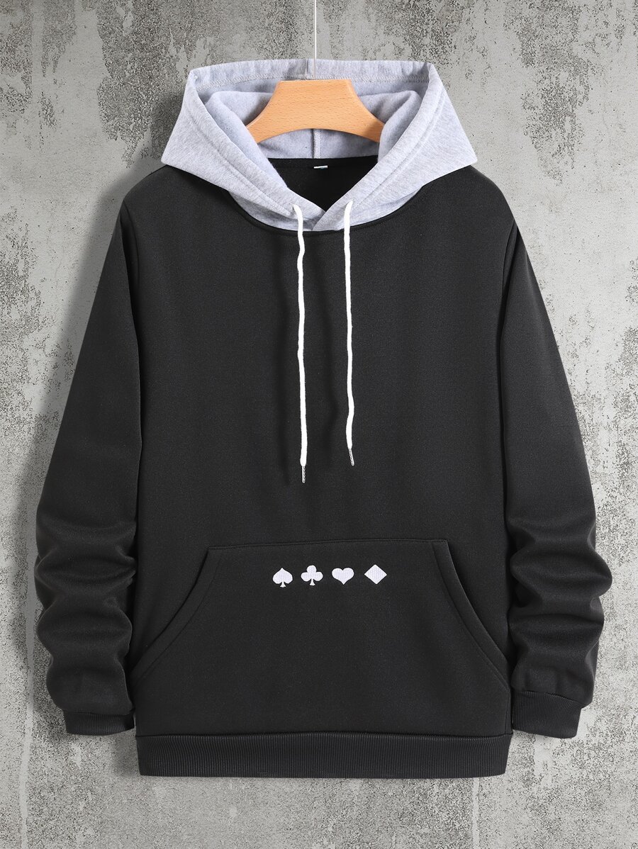 Manfinity Men Playing Card Print Kangaroo Pocket Drawstring Hoodie - Black - View 1
