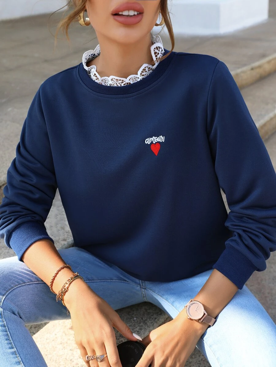 SHEIN Frenchy Heart And Letter Embroidery Sweatshirt - Navy Blue - View 1