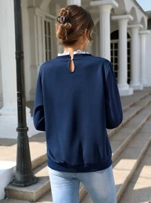 SHEIN Frenchy Heart And Letter Embroidery Sweatshirt - Navy Blue - View 2