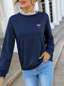 SHEIN Frenchy Heart And Letter Embroidery Sweatshirt - Navy Blue - View 4