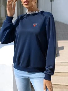SHEIN Frenchy Heart And Letter Embroidery Sweatshirt - Navy Blue - View 5