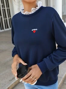SHEIN Frenchy Heart And Letter Embroidery Sweatshirt - Navy Blue - View 6