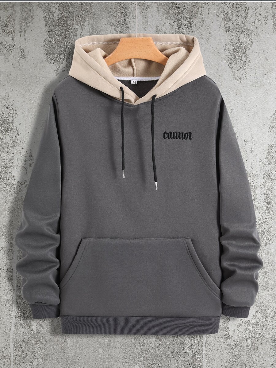 Manfinity Homme Men Letter Graphic Kangaroo Pocket Drawstring Hoodie - Dark Grey - View 1