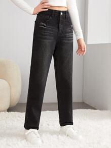 SHEIN Chicas adolescentes Jeans de pierna recta desgarro - Negro - Ver 1