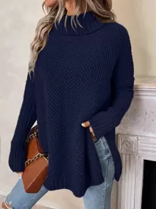 SHEIN LUNE Turtleneck Batwing Sleeve Slit Hem Jumper - Navy Blue - View 1