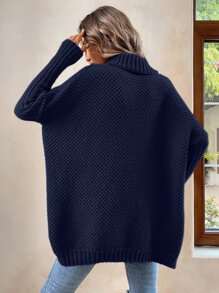 SHEIN LUNE Turtleneck Batwing Sleeve Slit Hem Jumper - Navy Blue - View 2