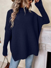 SHEIN LUNE Turtleneck Batwing Sleeve Slit Hem Jumper - Navy Blue - View 4
