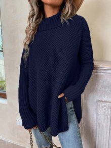 SHEIN LUNE Turtleneck Batwing Sleeve Slit Hem Jumper - Navy Blue - View 6