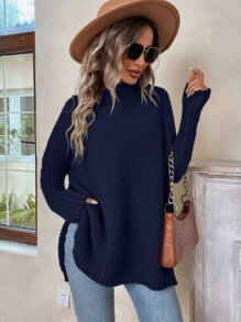 SHEIN LUNE Turtleneck Batwing Sleeve Slit Hem Jumper - Navy Blue - View 7