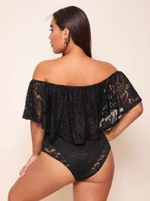 Celure Body con encaje floral ribete con fruncido de hombros descubiertos - Negro - Ver 2