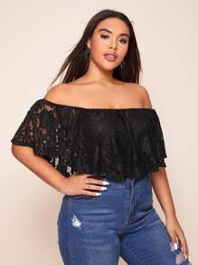 Celure Body con encaje floral ribete con fruncido de hombros descubiertos - Negro - Ver 3