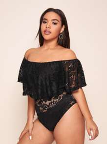 Celure Body con encaje floral ribete con fruncido de hombros descubiertos - Negro - Ver 4