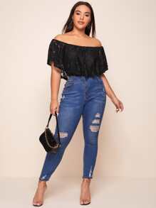 Celure Body con encaje floral ribete con fruncido de hombros descubiertos - Negro - Ver 5