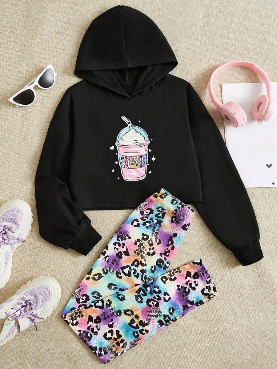 SHEIN Cô gái Tween Đồ họa Hoạt hình Thả vai Hoodie & In hoa Báo Xà cạp - Nhiều màu - Xem 1
