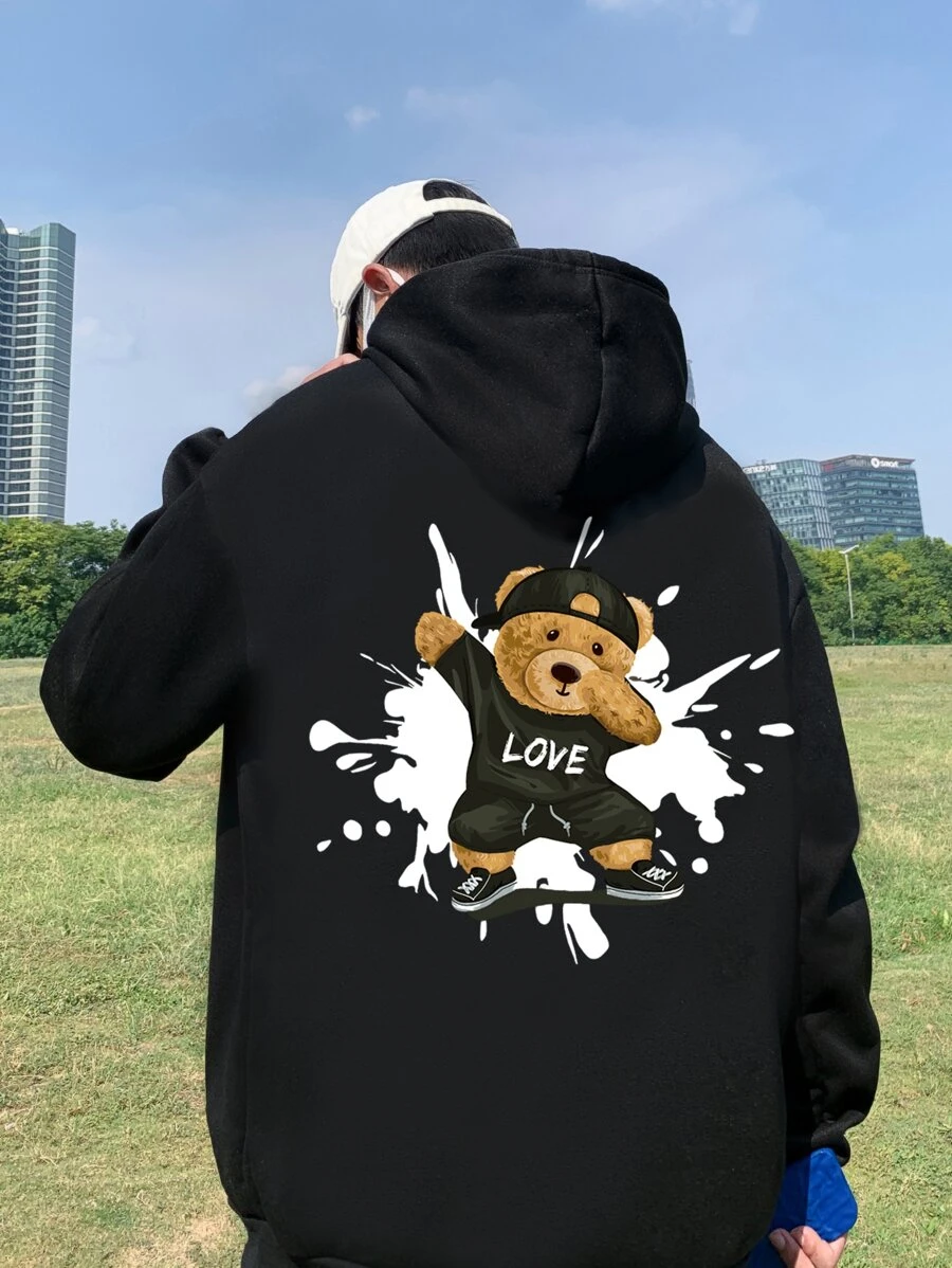 Manfinity Lỏng lẻo phù hợp Nam Hoạt hình In Hoodie - màu đen - Xem 1