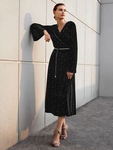 MOTF Vestido de terciopelo con diamante de imitación sin cinturón - Negro - Ver 4