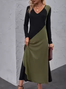 SHEIN LUNE Colour Block V Neck Tee Dress - Army Green - View 1