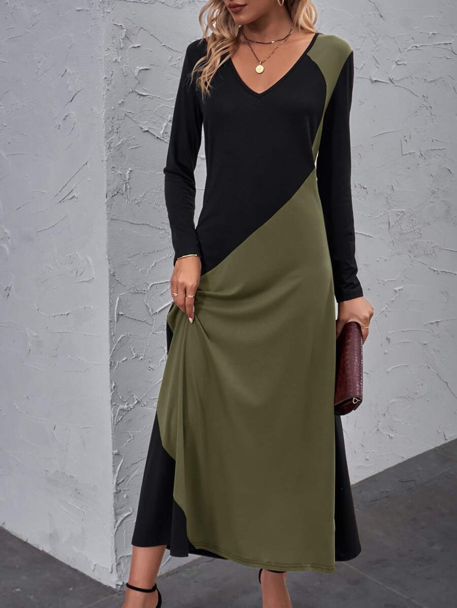 SHEIN LUNE Colour Block V Neck Tee Dress - Army Green - View 1