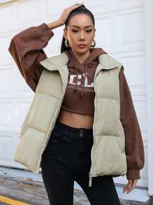 DAZY Zip Up Puffer Vest Pockets Coat, Winter Women Clothes, Padded Coat Women - Khaki - View 4