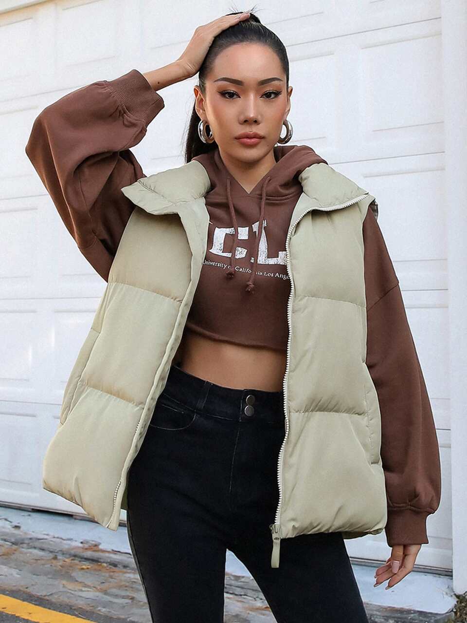 Zip Up Puffer Vest Pockets Coat, Winter Women Clothes, Padded Coat Women